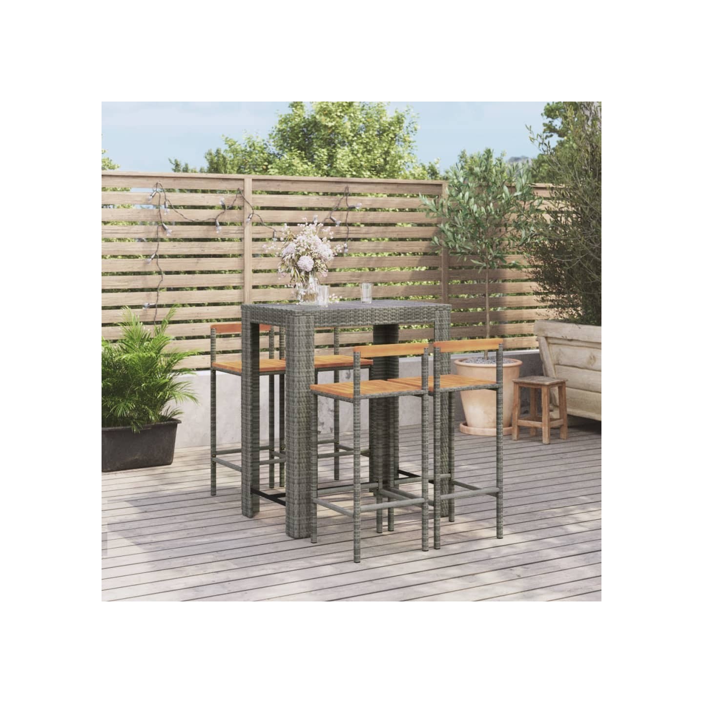 Ensemble de bar jardin 5 pcs gris poly rotin/bois massif acacia