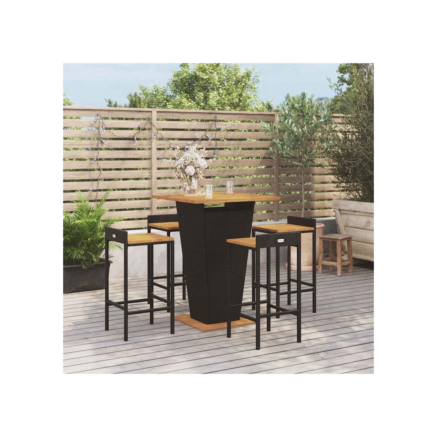 Ensemble de bar jardin 5 pcs noir poly rotin/bois massif acacia