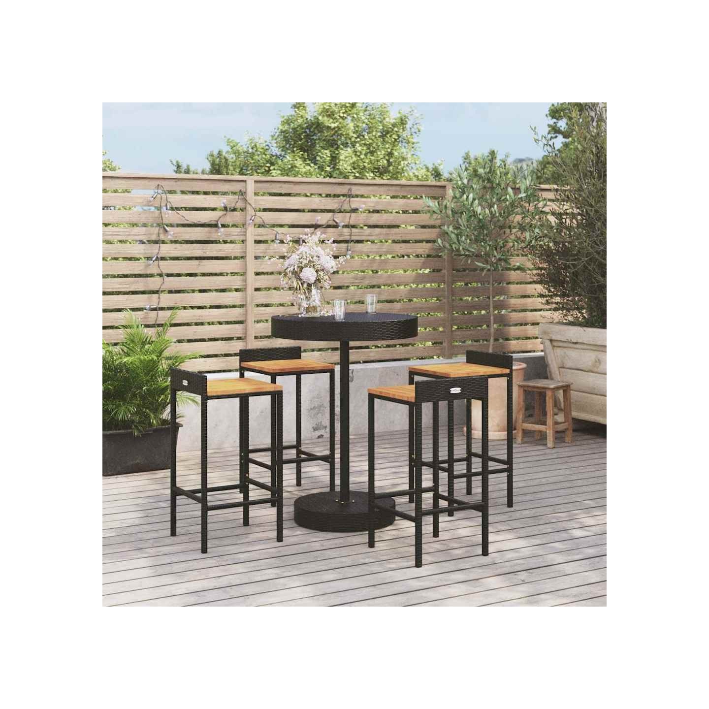 Ensemble de bar jardin 5 pcs noir poly rotin/bois massif acacia