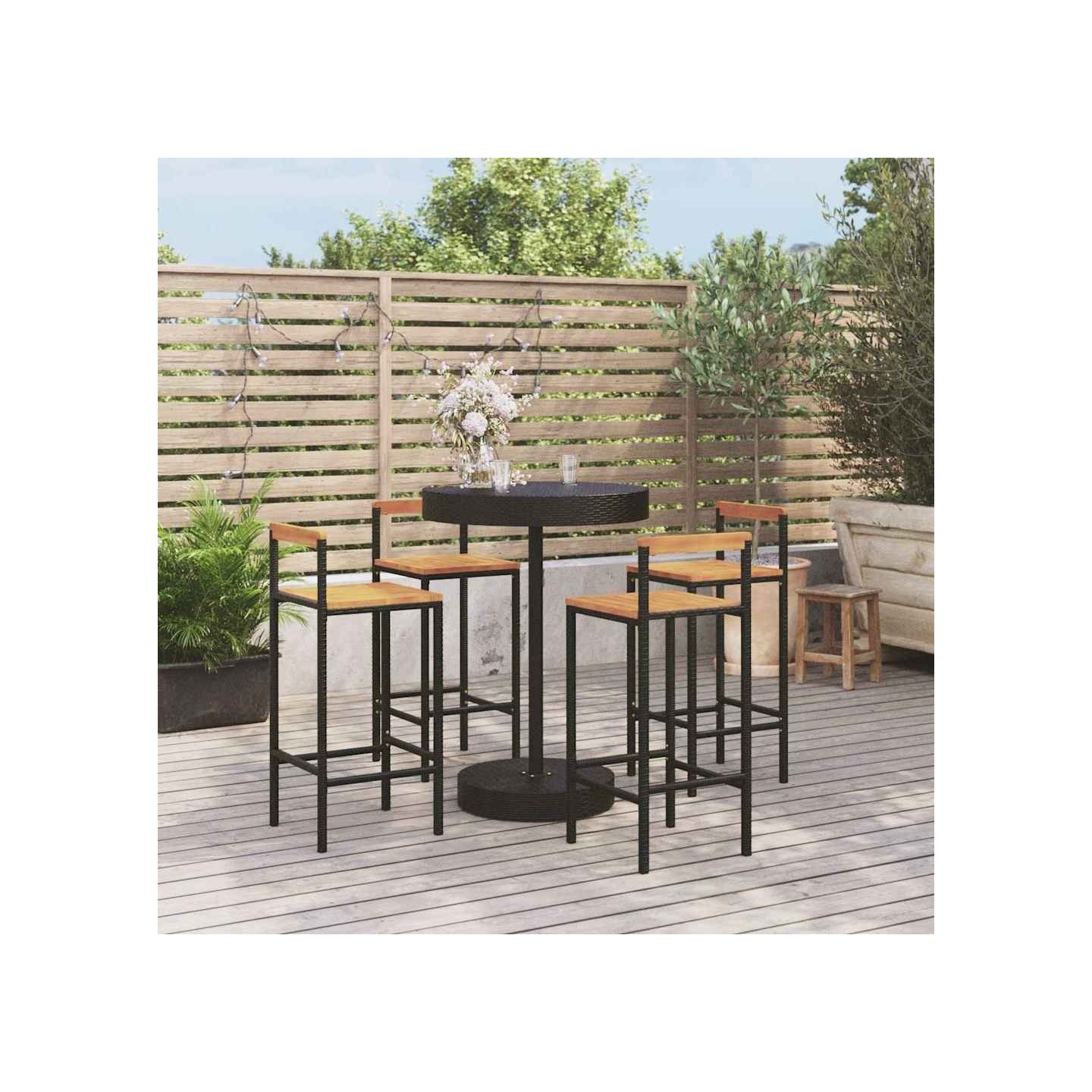 Ensemble de bar jardin 5 pcs noir poly rotin/bois massif acacia