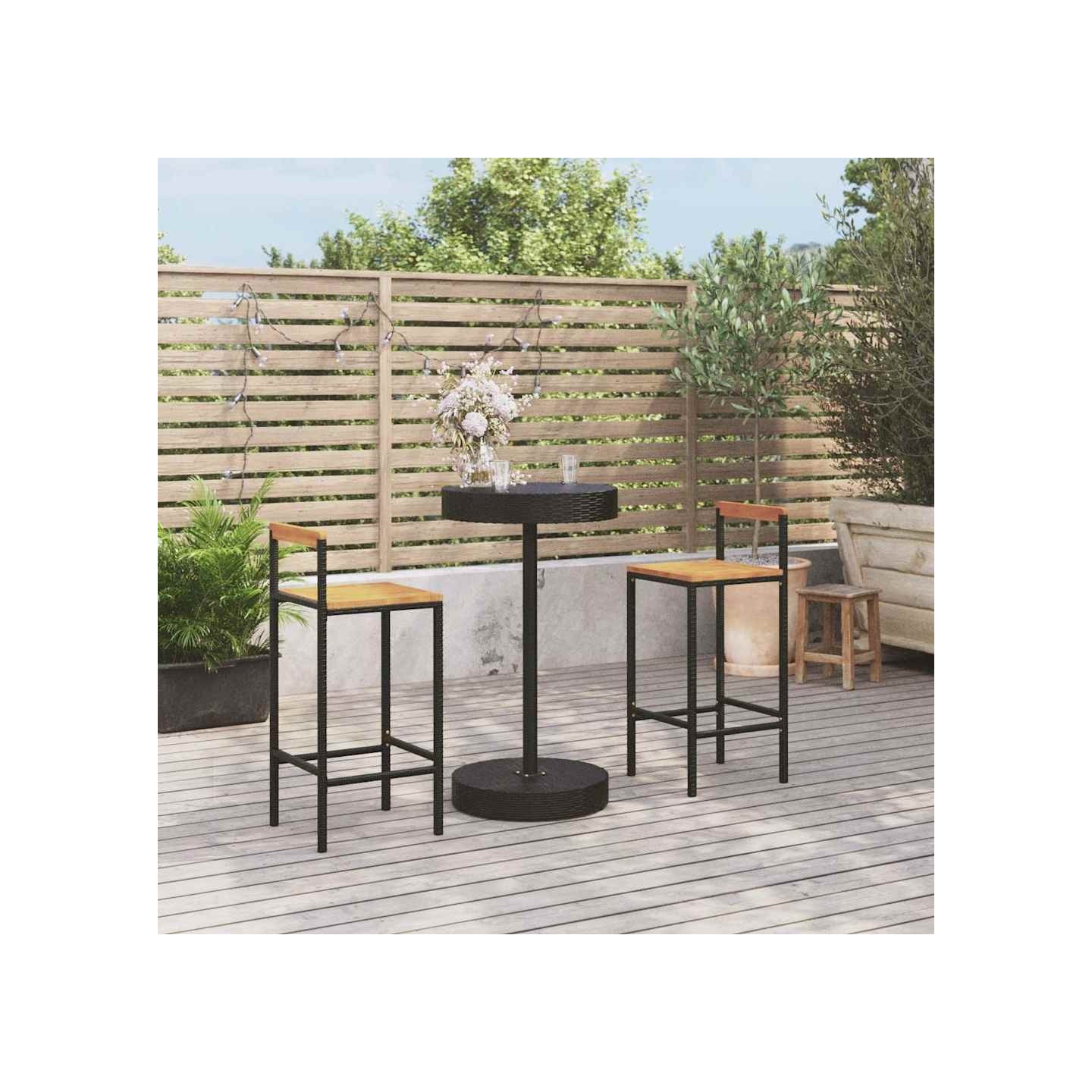 Ensemble de bar jardin 3 pcs noir poly rotin/bois massif acacia