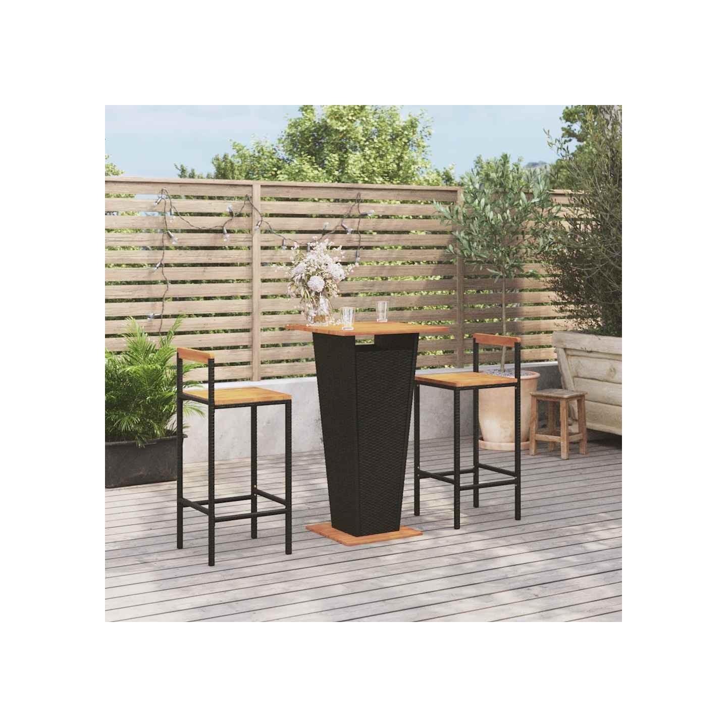 Ensemble de bar jardin 3 pcs noir poly rotin/bois massif acacia