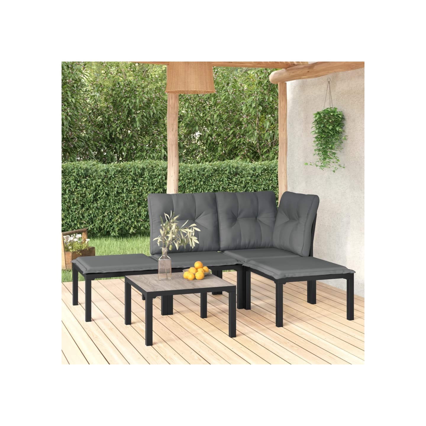 Salon de jardin 5 pcs noir et gris résine tressée