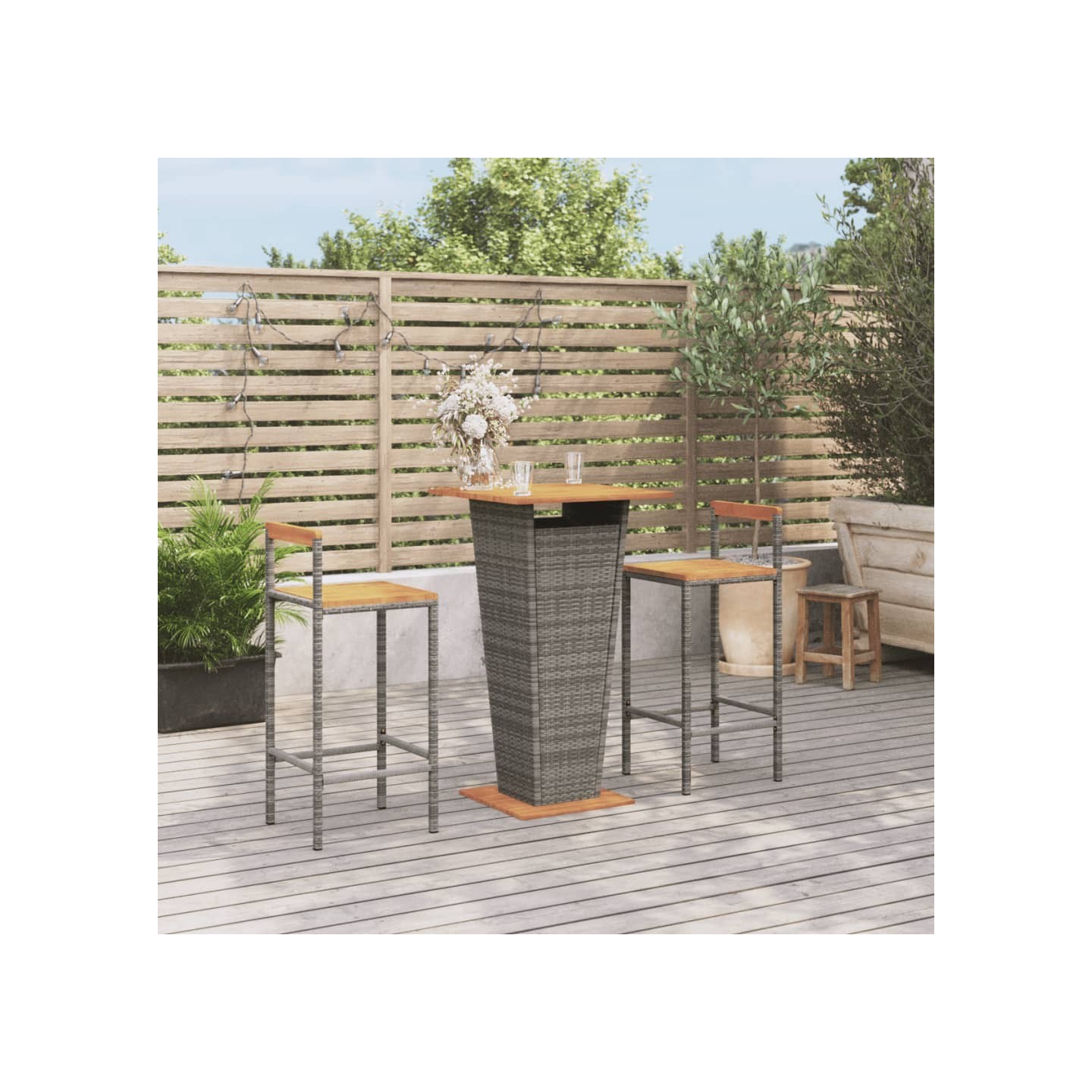 Ensemble de bar jardin 3 pcs gris poly rotin/bois massif acacia
