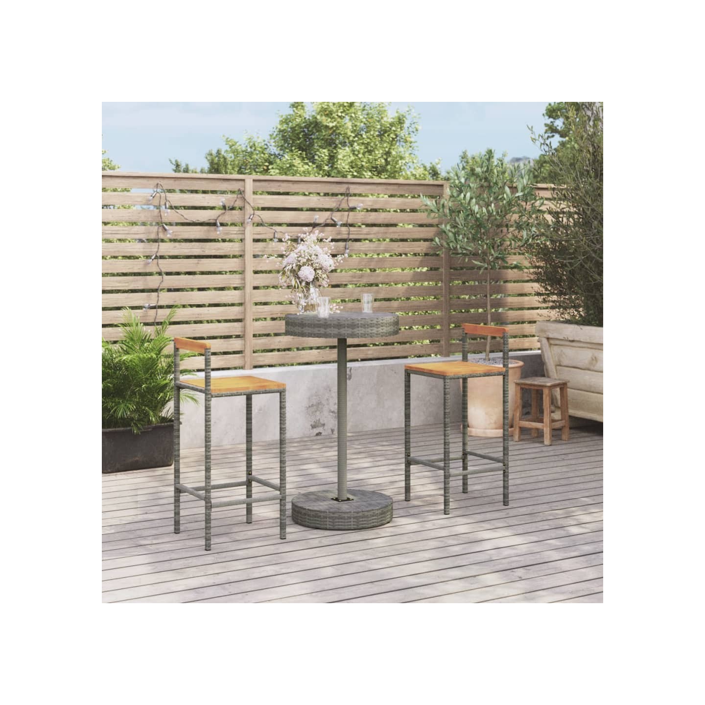 Ensemble de bar jardin 3 pcs gris poly rotin/bois massif acacia