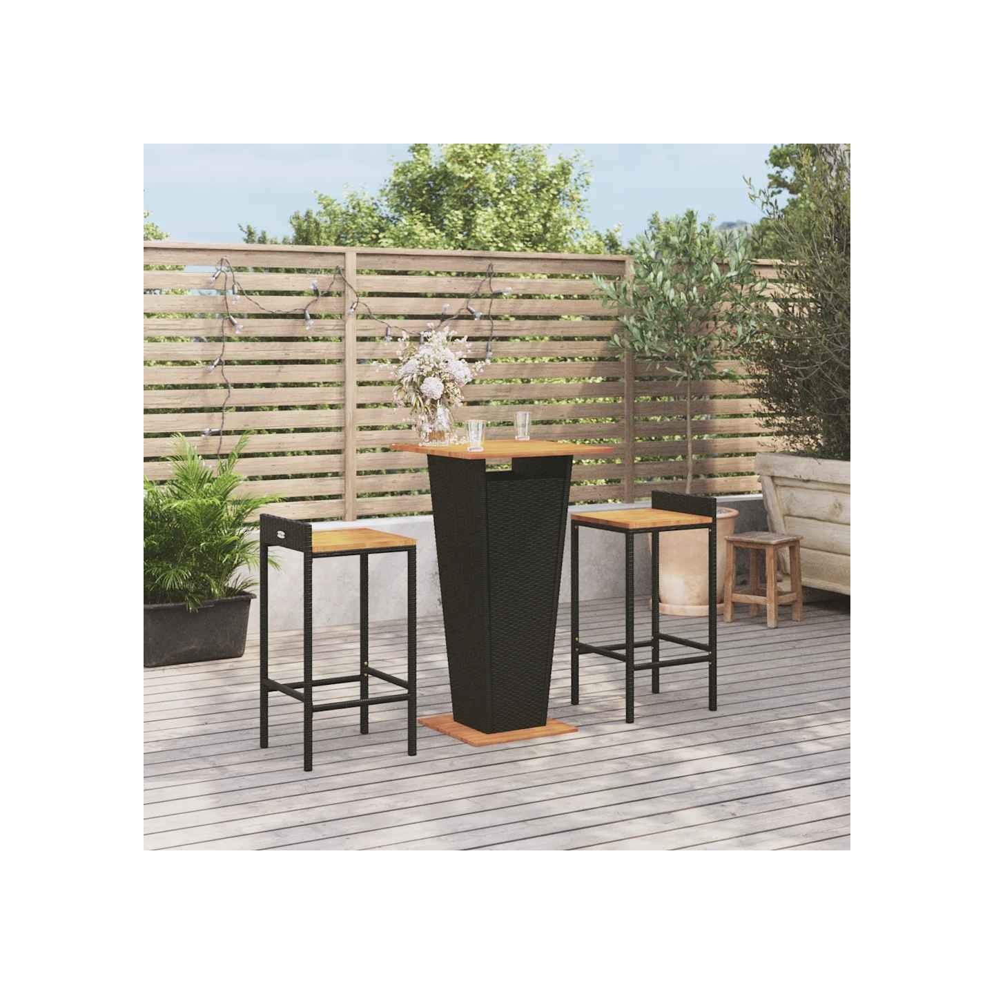 Ensemble de bar jardin 3 pcs noir poly rotin/bois massif acacia