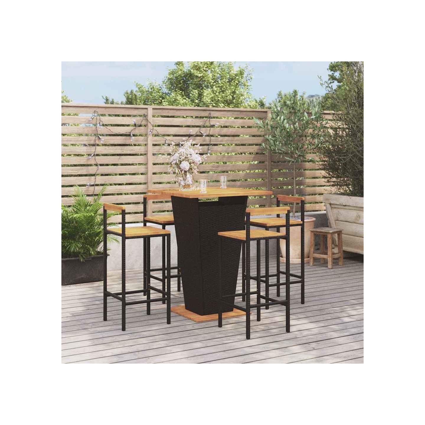 Ensemble de bar jardin 5 pcs noir poly rotin/bois massif acacia
