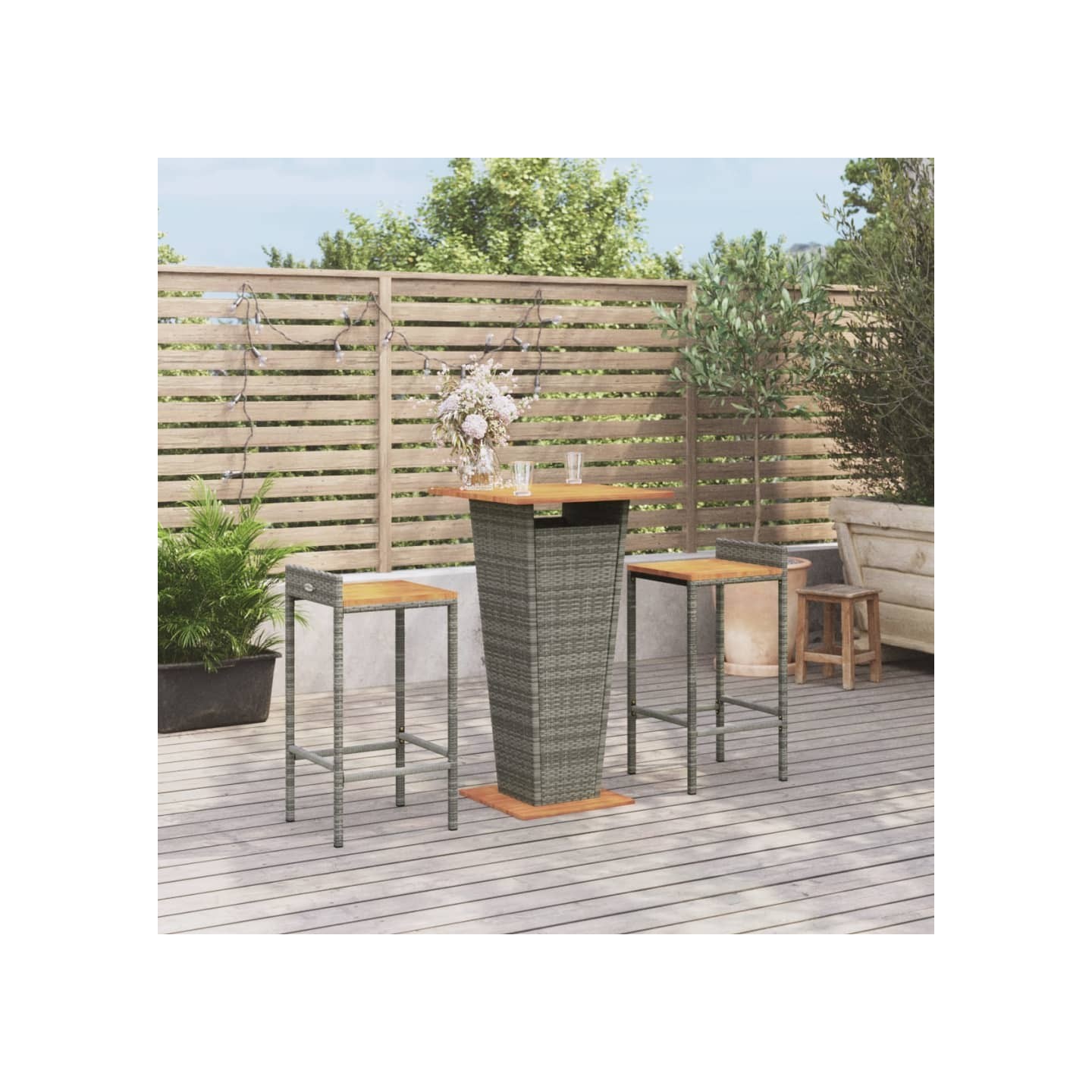 Ensemble de bar jardin 3 pcs gris poly rotin/bois massif acacia