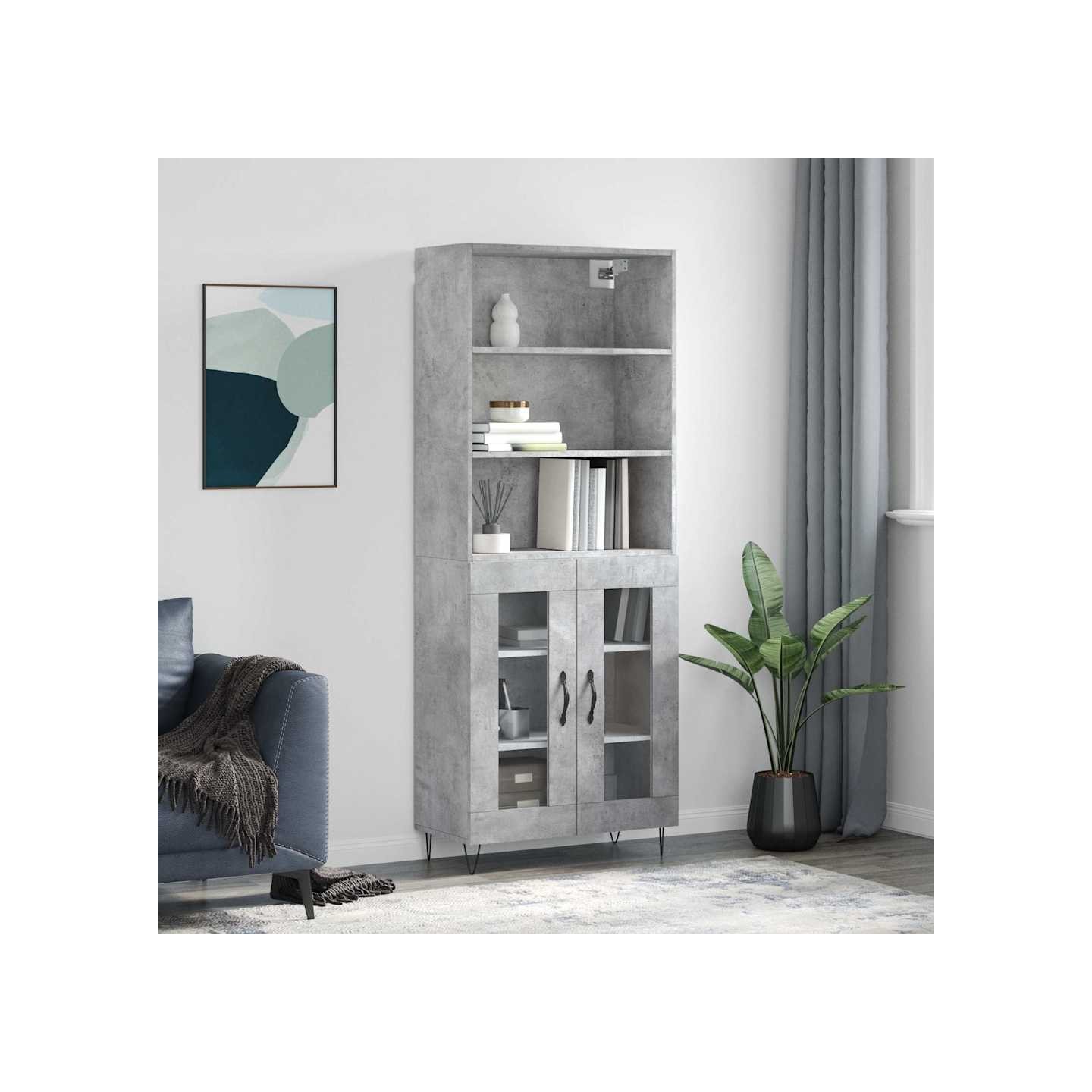 Buffet haut Gris béton 69,5x34x180 cm Bois d'ingénierie