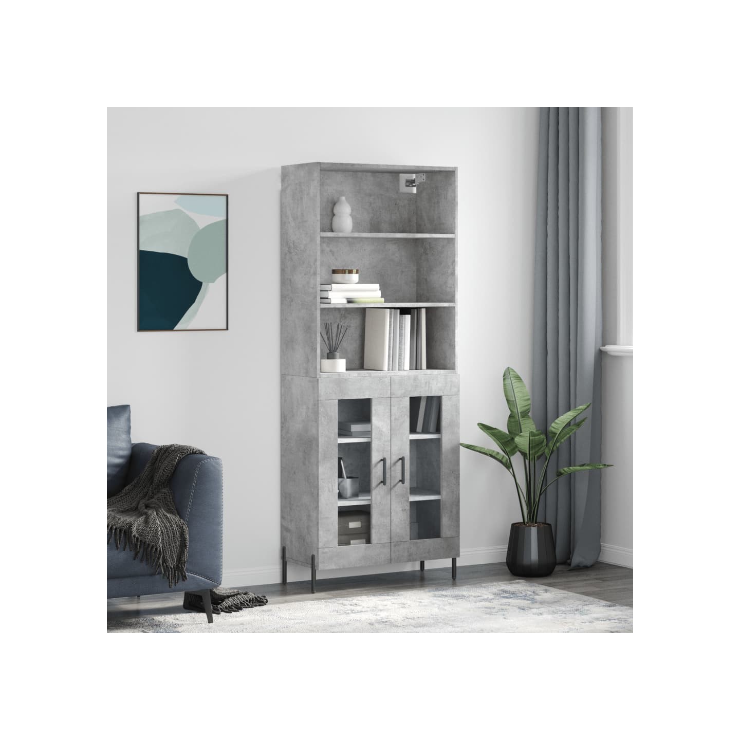 Buffet haut Gris béton 69,5x34x180 cm Bois d'ingénierie