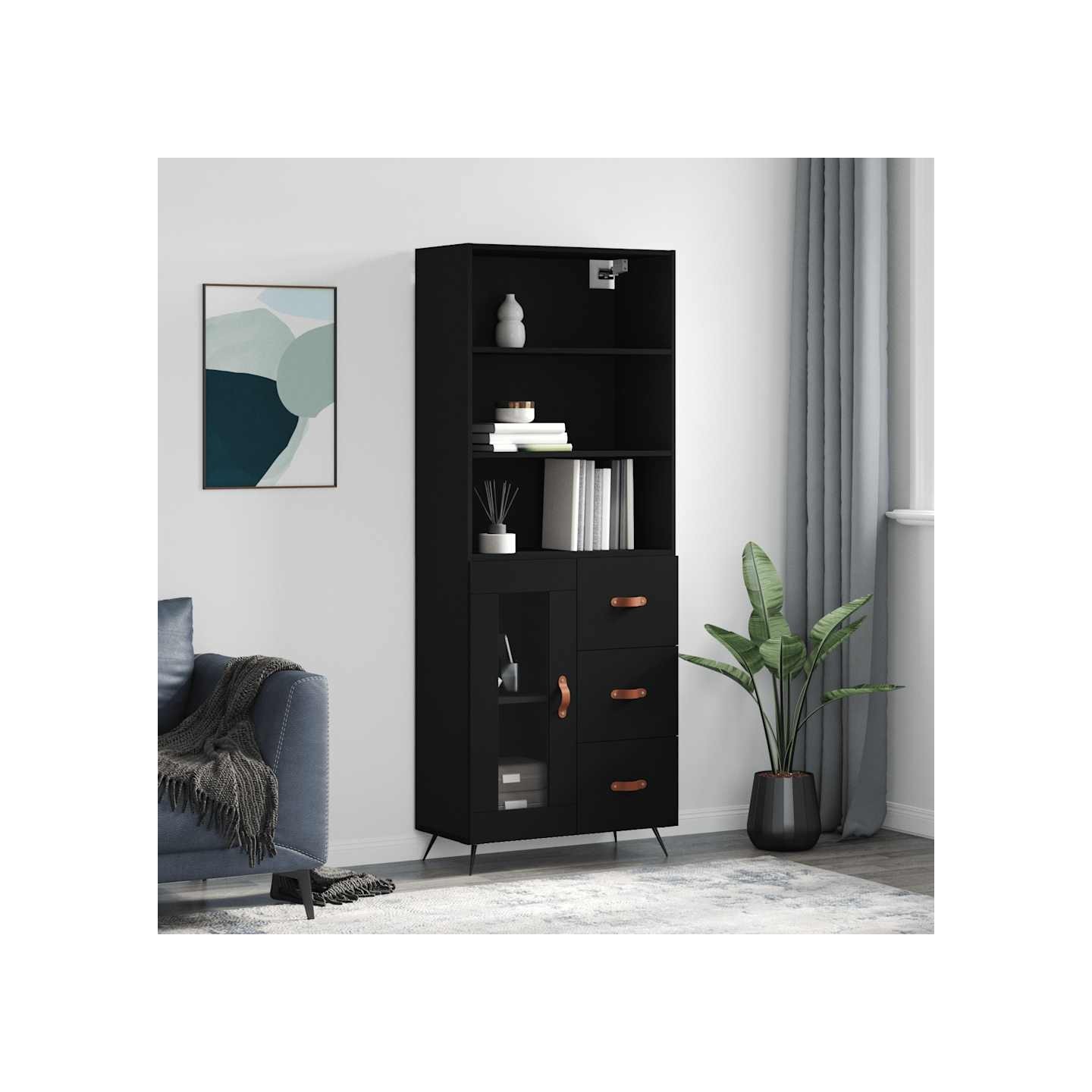 Buffet haut Noir 69,5x34x180 cm Bois d'ingénierie