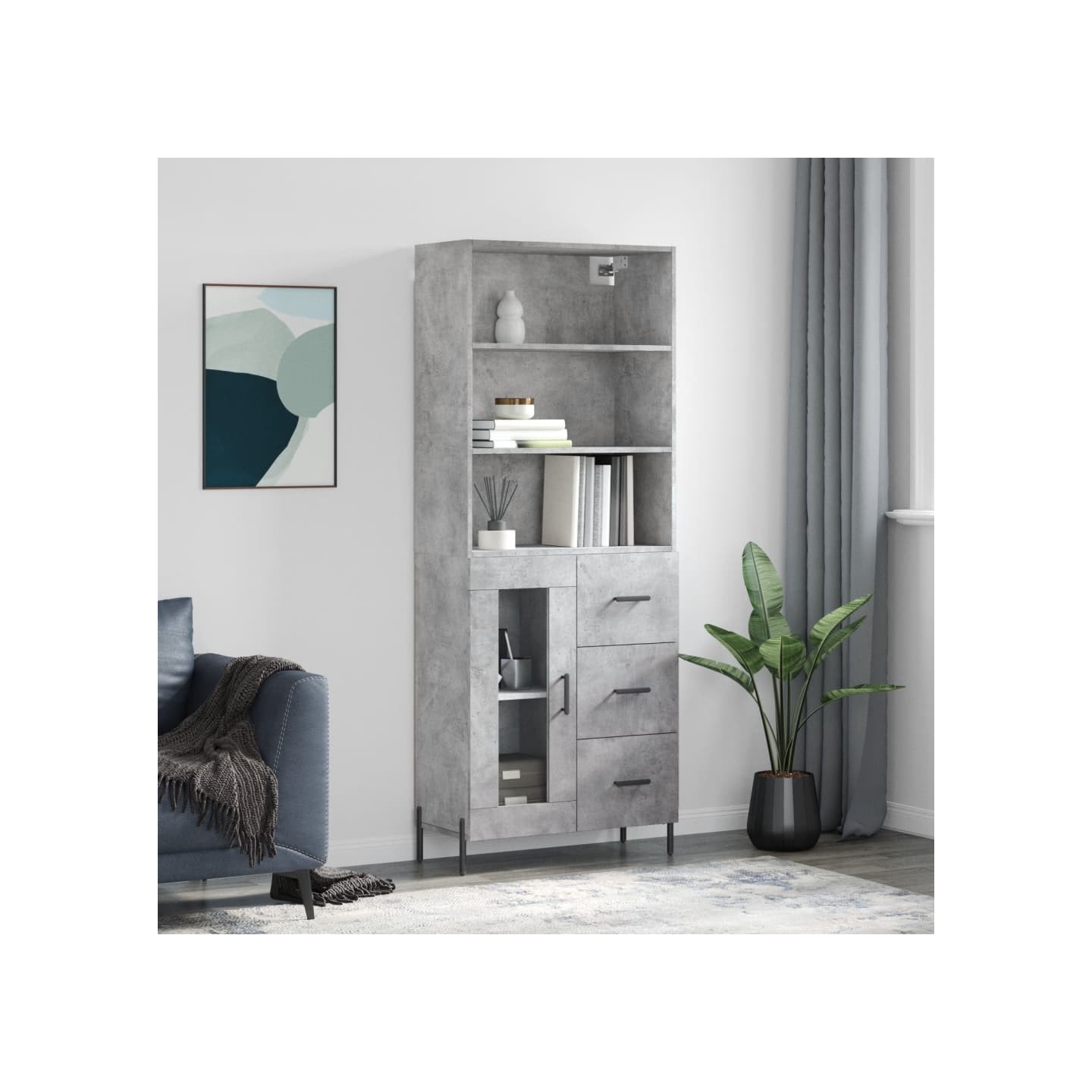 Buffet haut Gris béton 69,5x34x180 cm Bois d'ingénierie