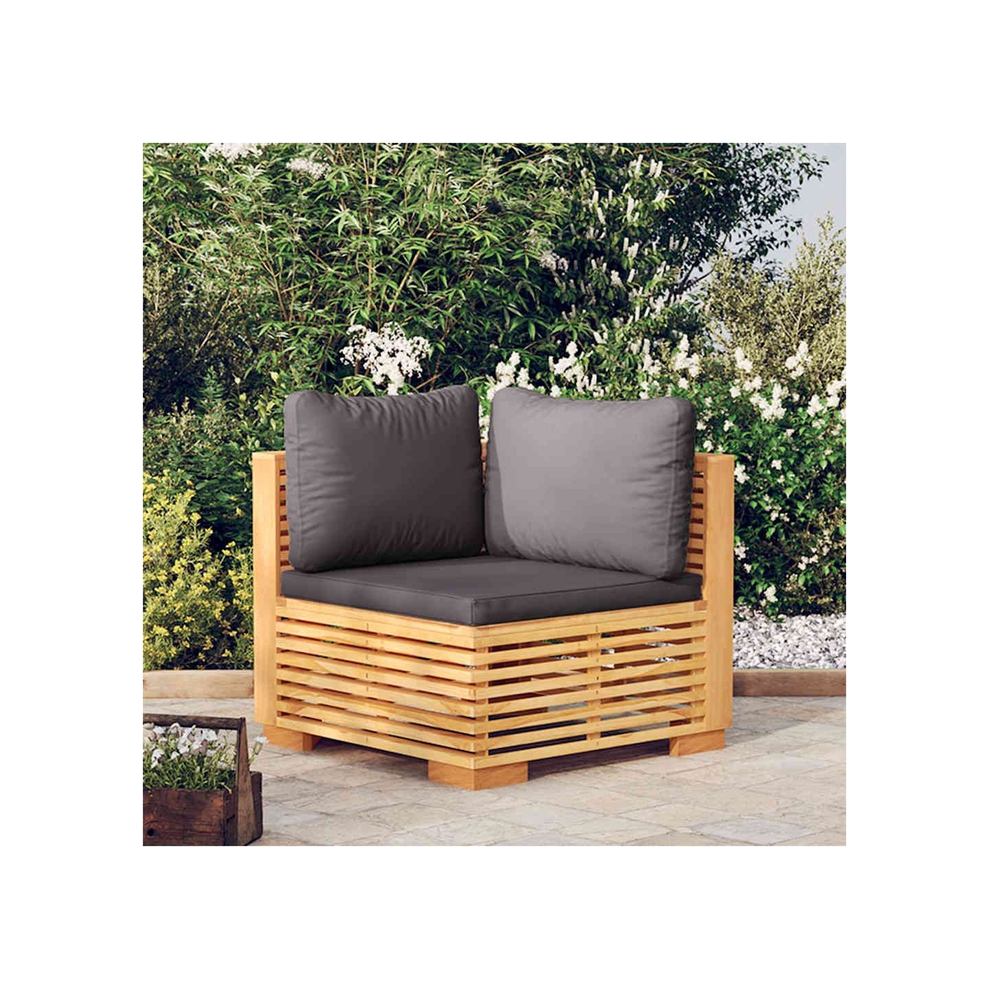 Canapé d'angle de jardin coussins Gris foncé Bois teck massif