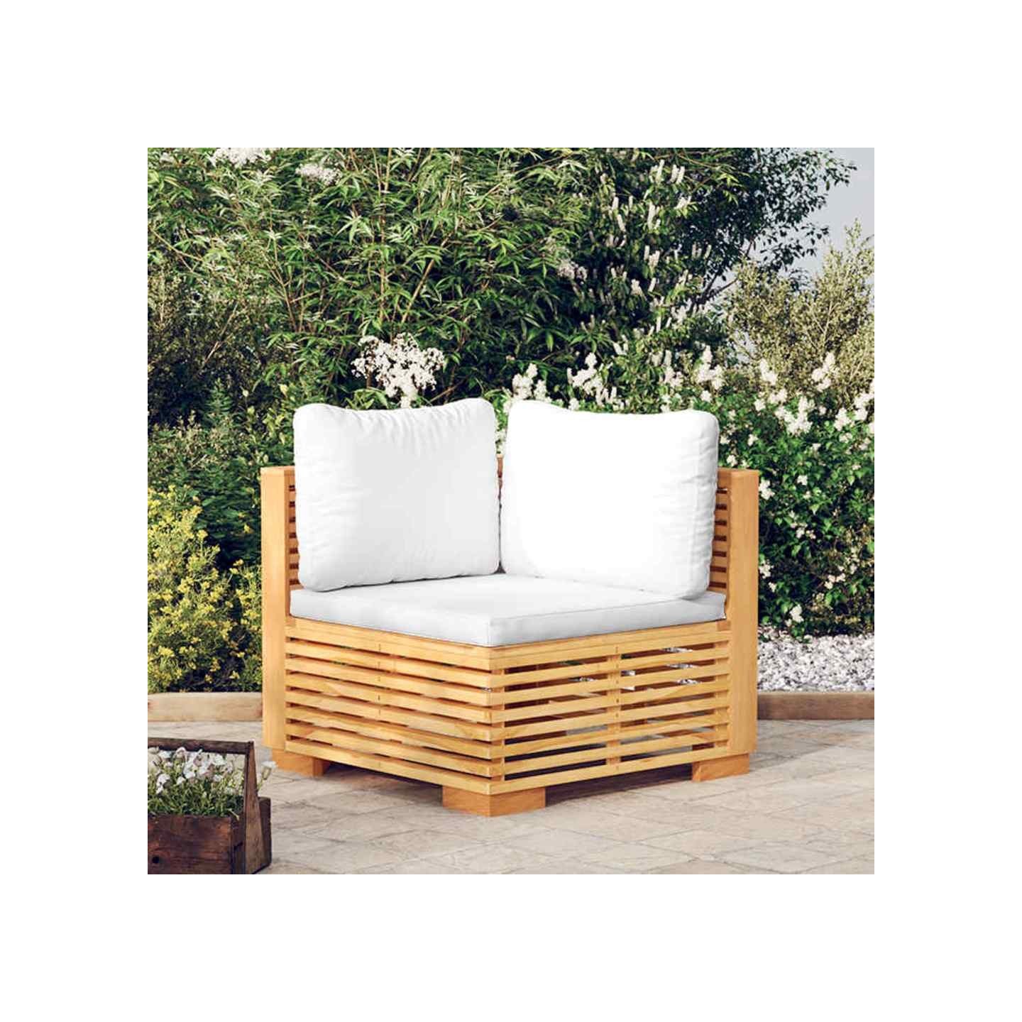 Canapé d'angle de jardin et coussins crème Bois de teck massif