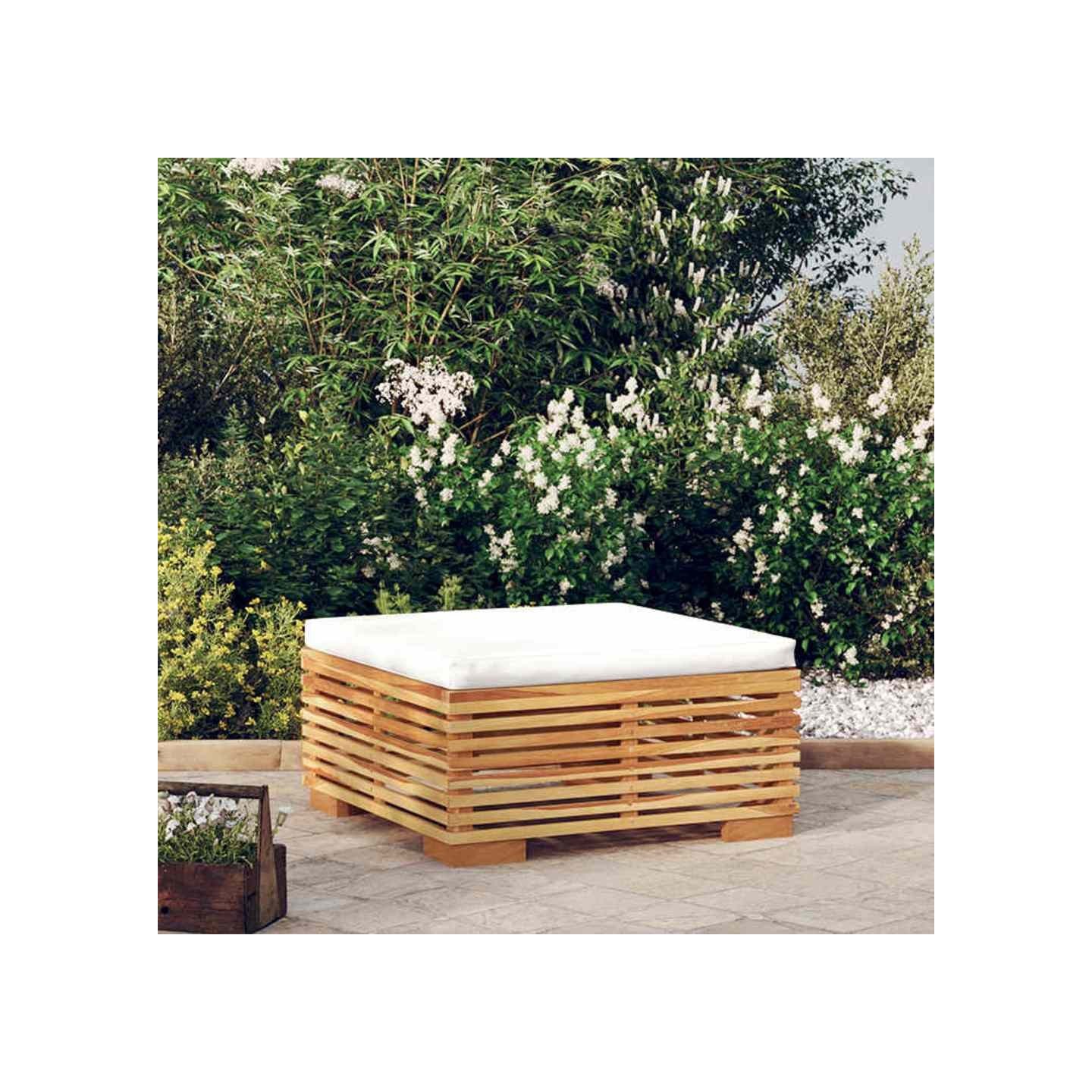 Repose-pied de jardin avec coussin crème Bois de teck massif