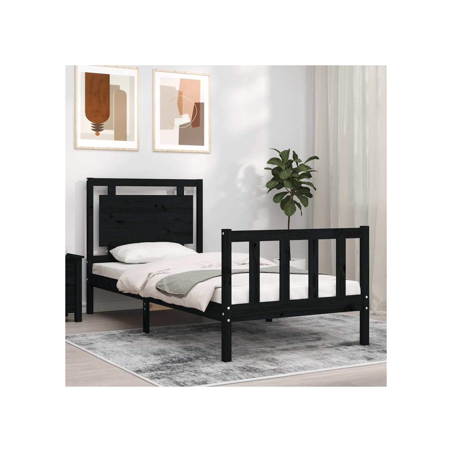 Cadre de lit sans matelas noir bois de pin massif