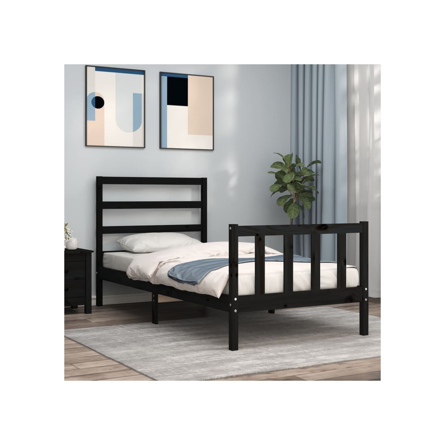 Cadre de lit sans matelas noir bois de pin massif