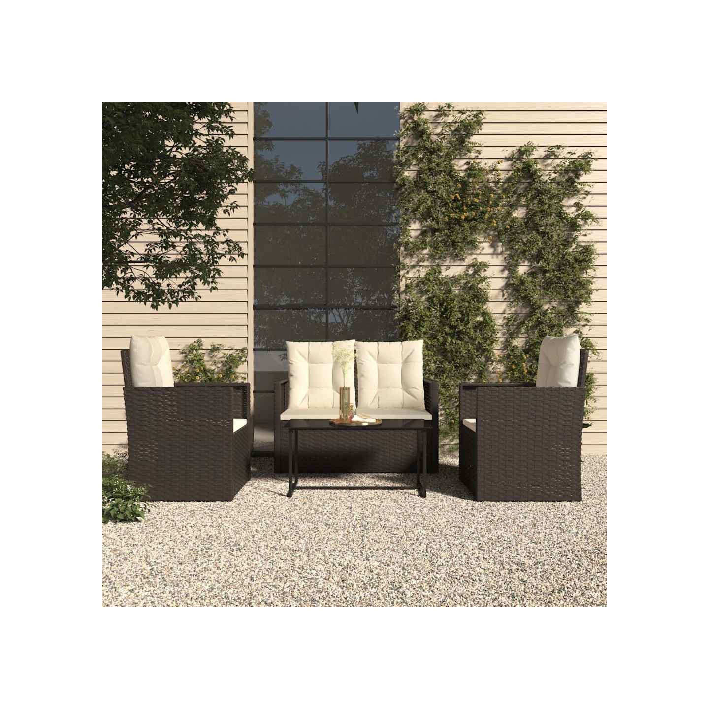 Mobilier d'extérieur 4 pcs avec coussins Résine tressée Noir