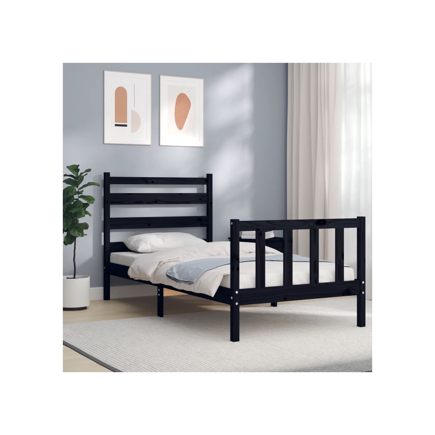 Cadre de lit sans matelas noir bois de pin massif