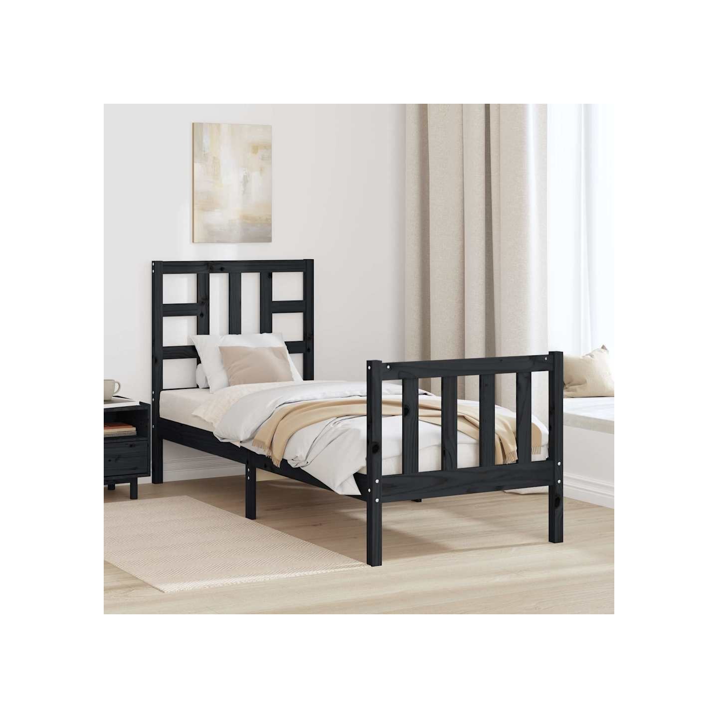 Cadre de lit sans matelas noir bois de pin massif