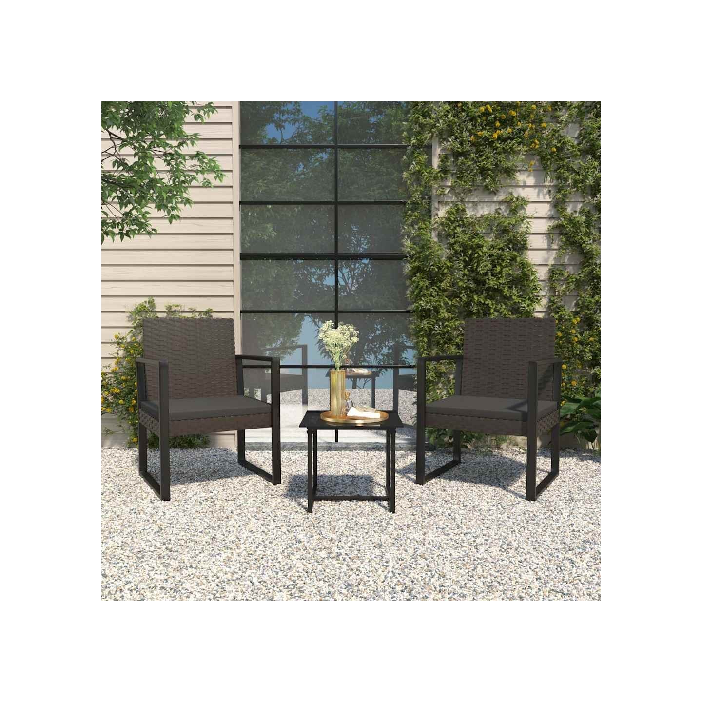 Salon de jardin 3 pcs avec coussins Noir Résine tressée