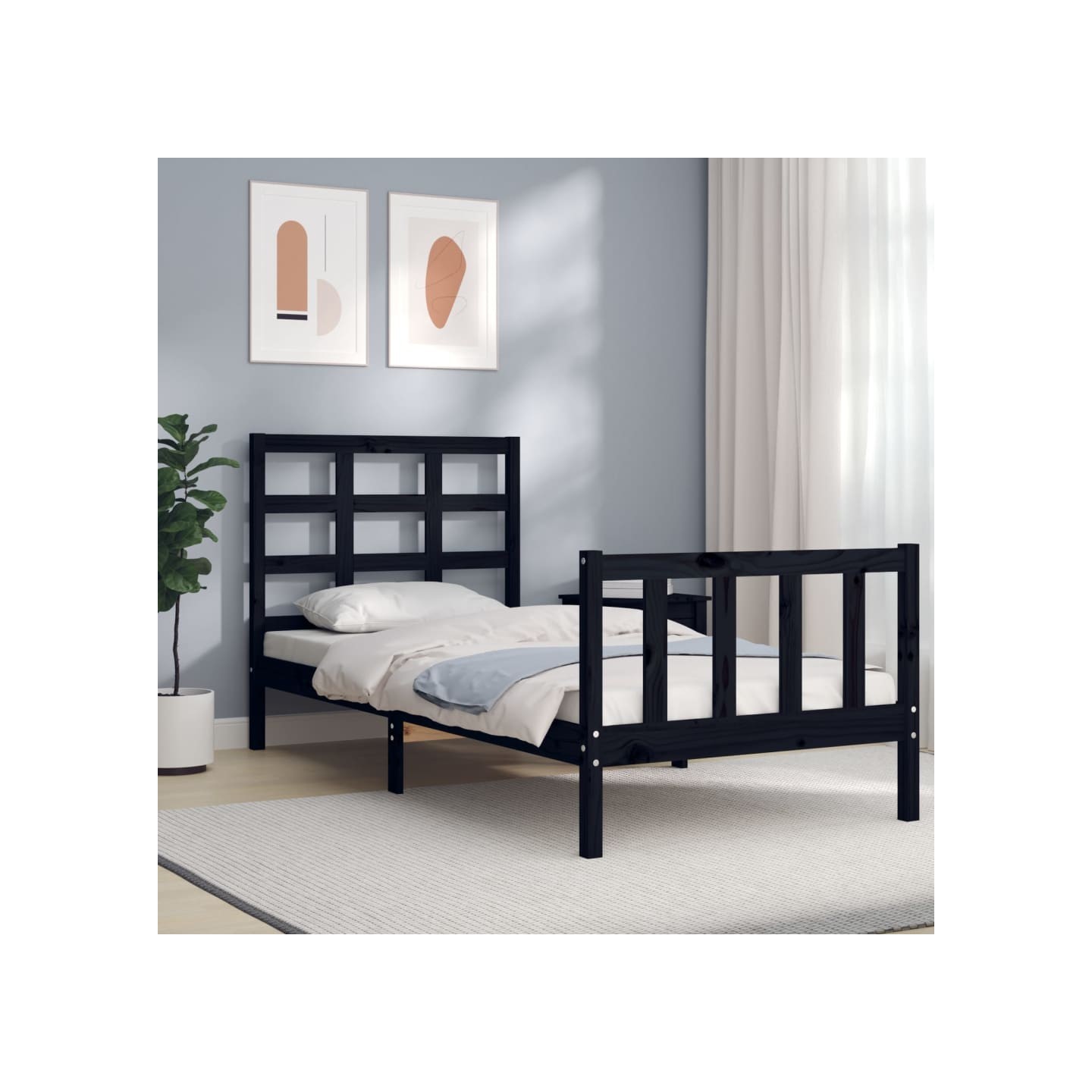 Cadre de lit sans matelas noir bois de pin massif