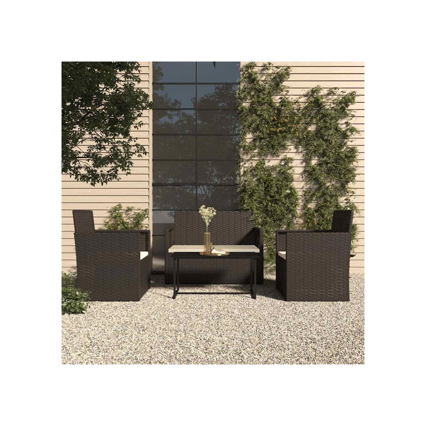 Mobilier d'extérieur 4 pcs avec coussins Résine tressée Noir