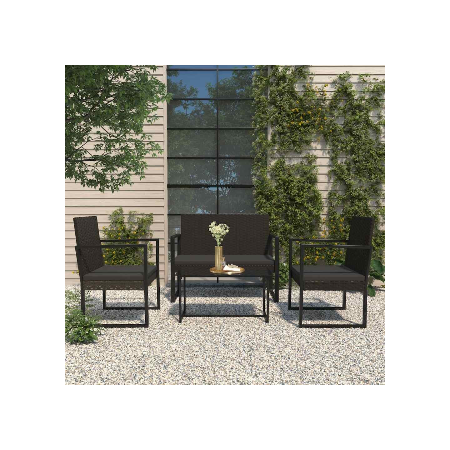Salon de jardin 4 pcs avec coussins Noir Résine tressée