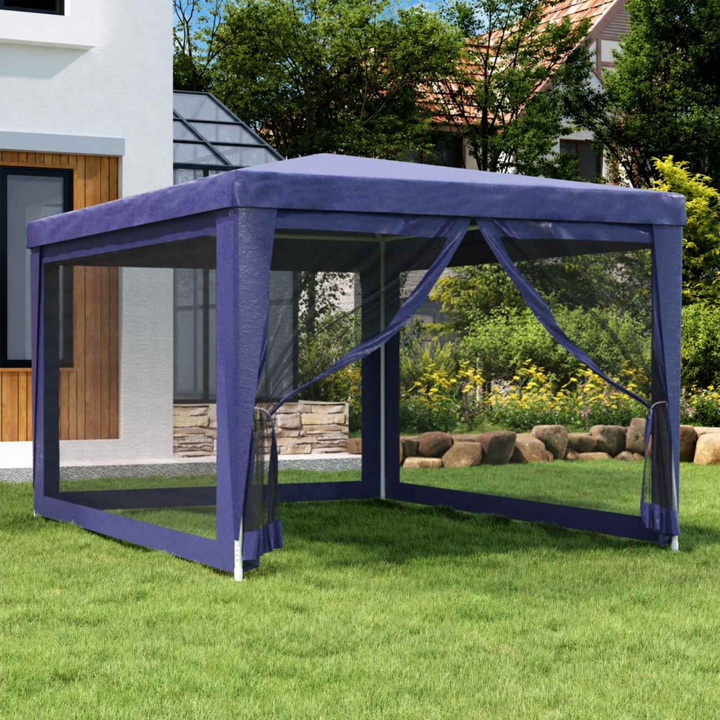 Tente de fête avec 4 parois latérales en maille Bleu 3x4 m PEHD