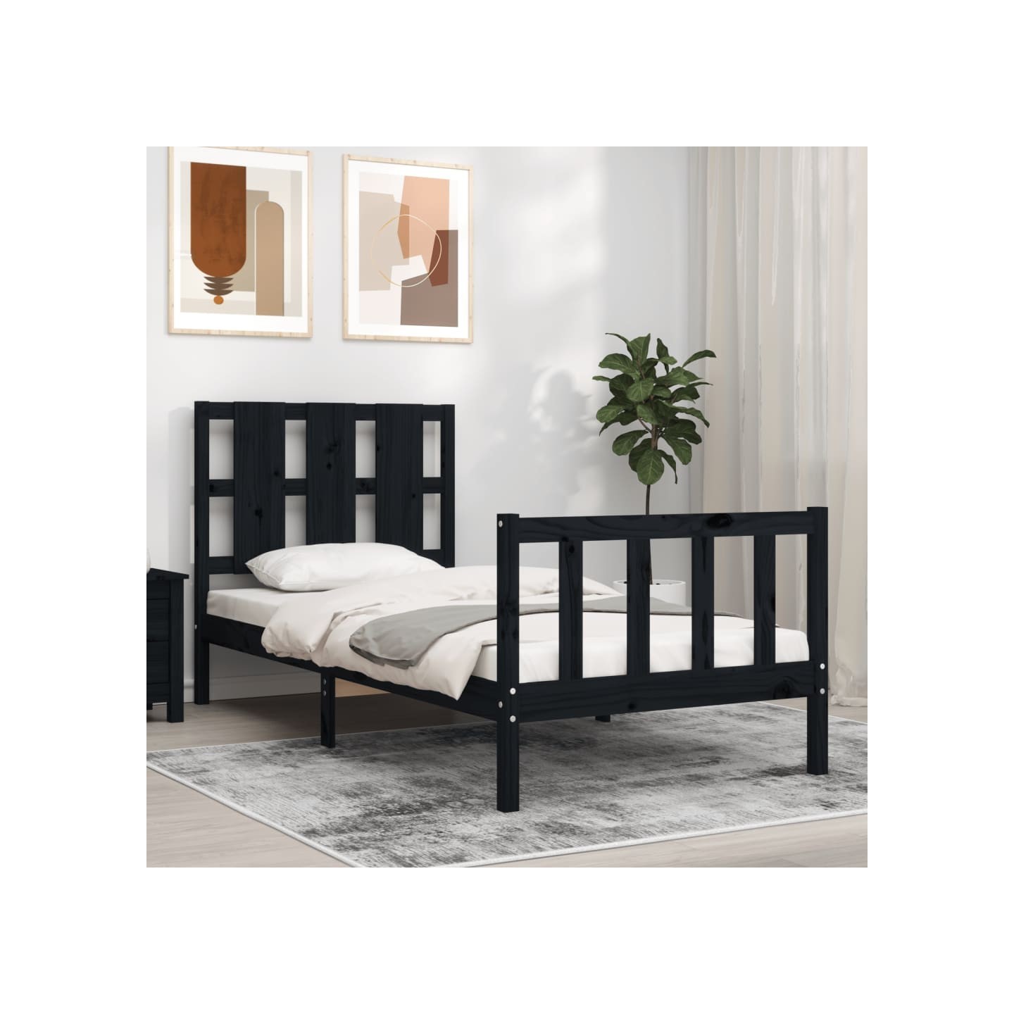 Cadre de lit sans matelas noir bois de pin massif
