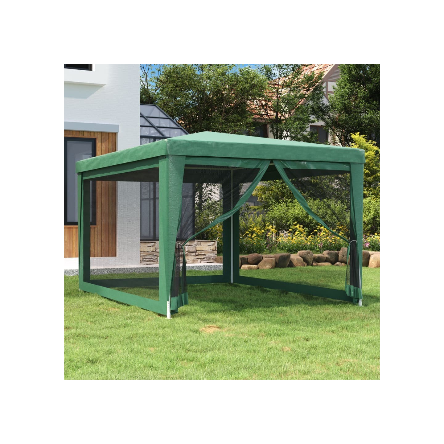 Tente de fête avec 4 parois latérales en maille Vert 3x4 m PEHD