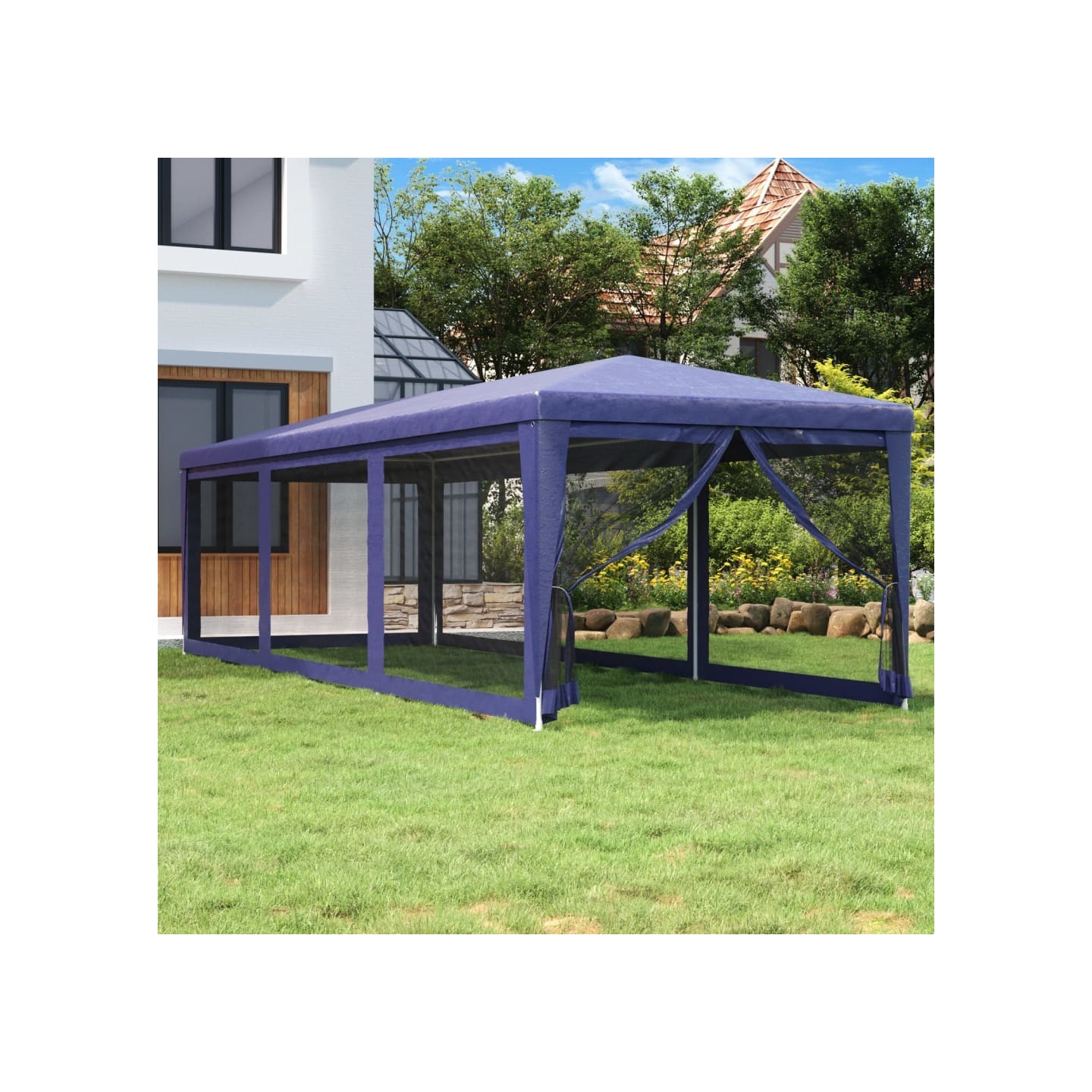 Tente de fête avec 8 parois latérales en maille Bleu 3x9 m PEHD
