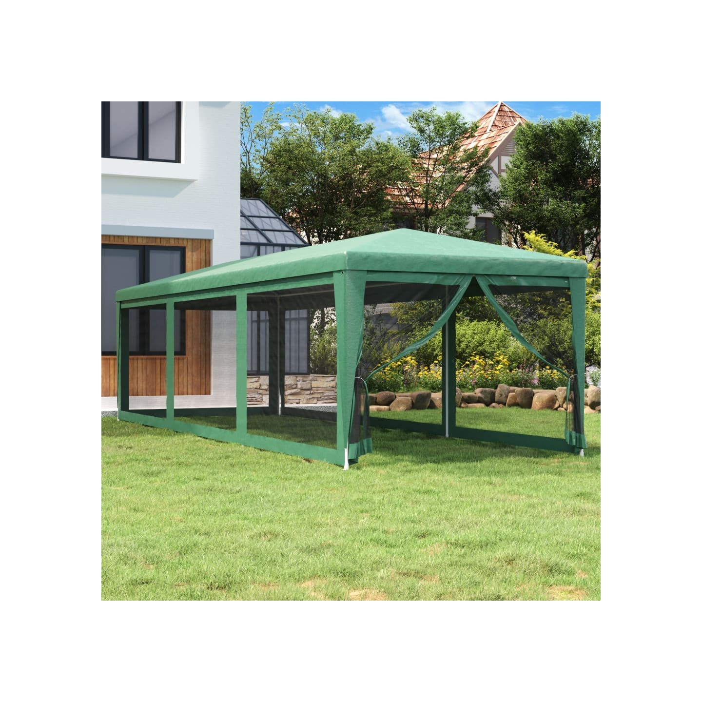 Tente de fête avec 8 parois latérales en maille Vert 3x9 m PEHD