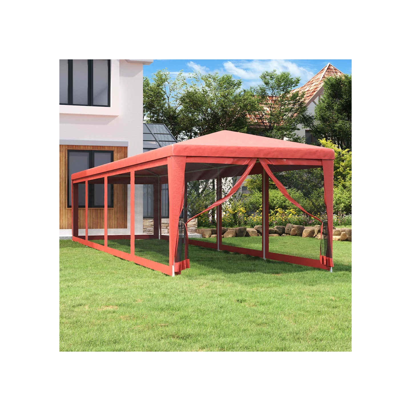 Tente de fête 10 parois latérales en maille Rouge 3x12 m PEHD
