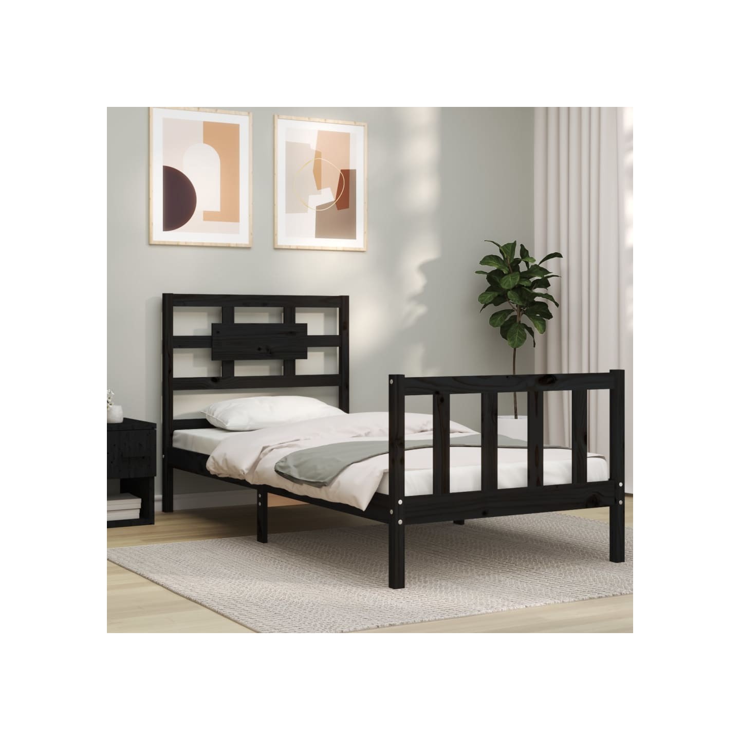 Cadre de lit sans matelas noir bois de pin massif