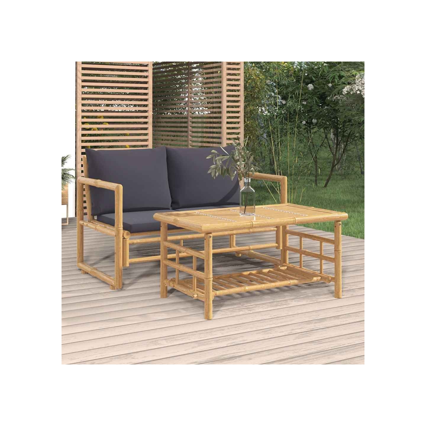 Salon de jardin 2 pcs avec coussins gris foncé bambou