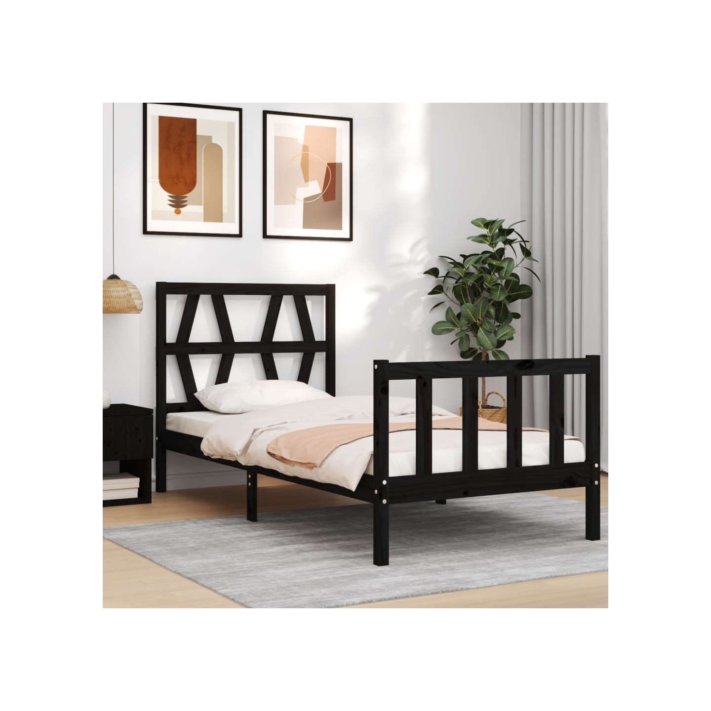 Cadre de lit sans matelas noir bois de pin massif
