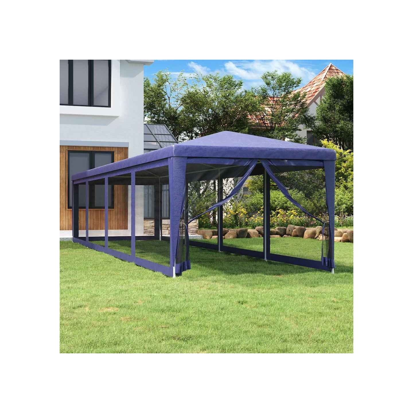 Tente de fête et 10 parois latérales en maille Bleu 3x12 m PEHD
