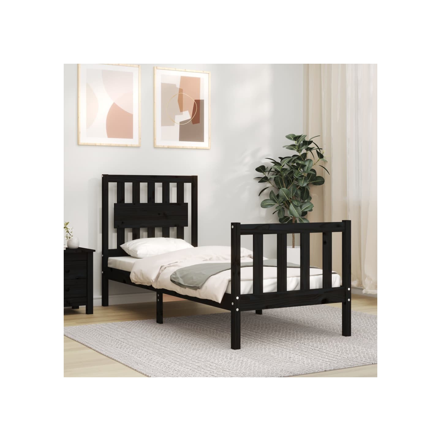 Cadre de lit sans matelas noir bois de pin massif