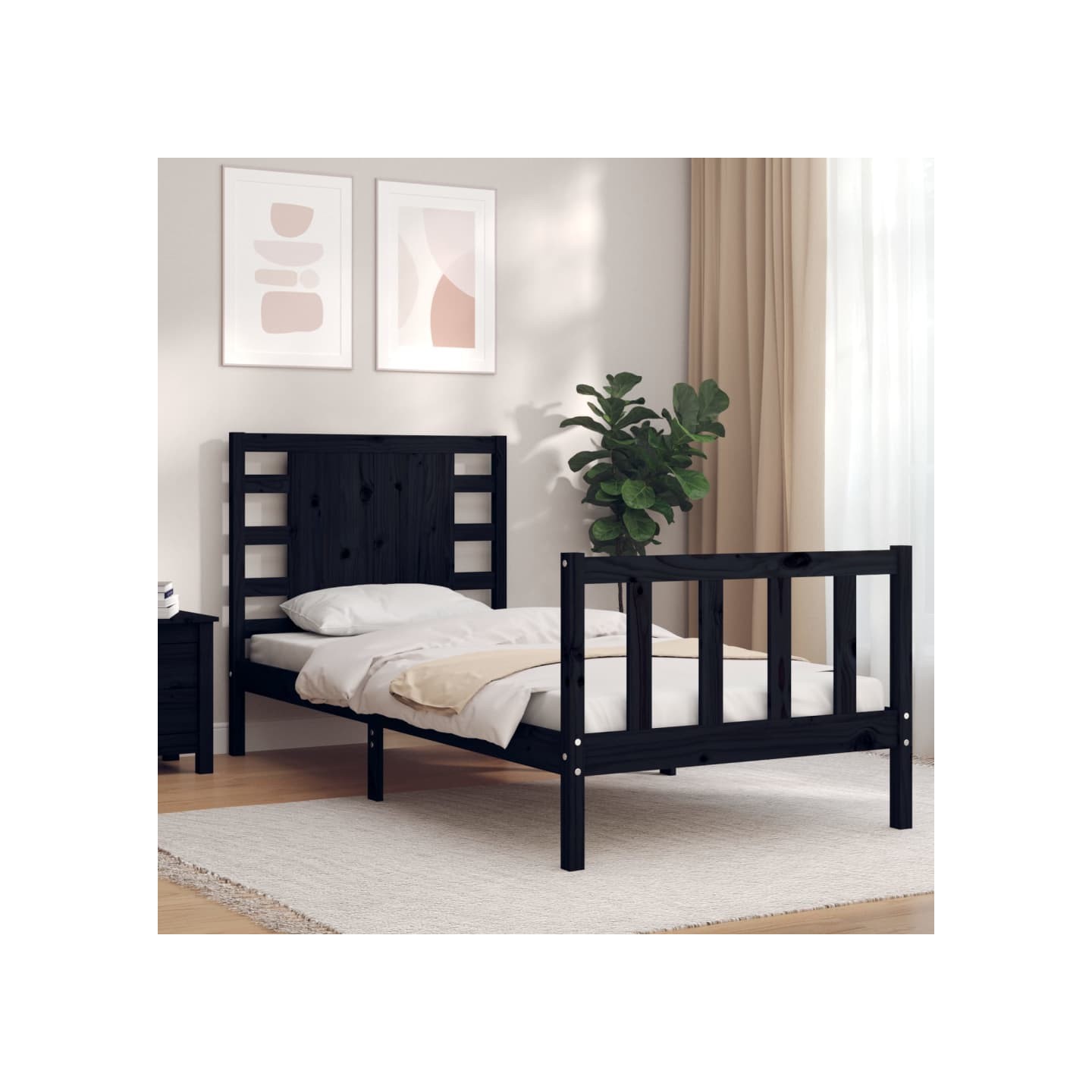 Cadre de lit sans matelas noir bois de pin massif