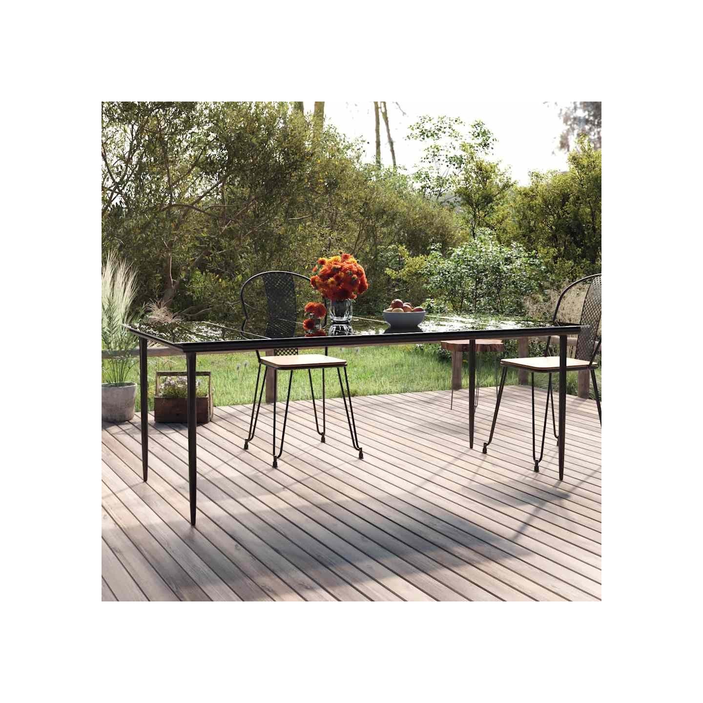 Table à dîner de jardin Noir 200x100x74cm Acier et verre trempé