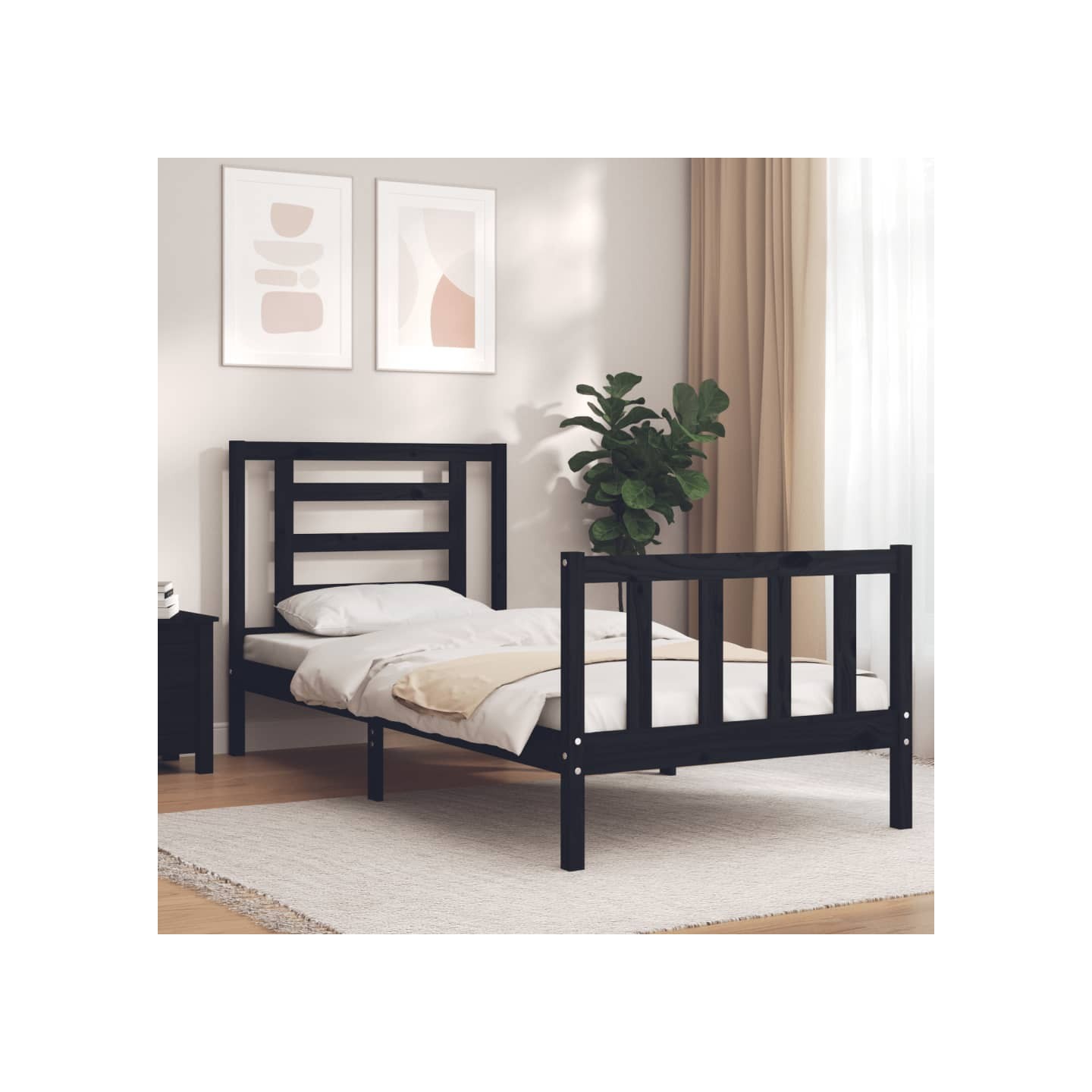 Cadre de lit sans matelas noir bois de pin massif