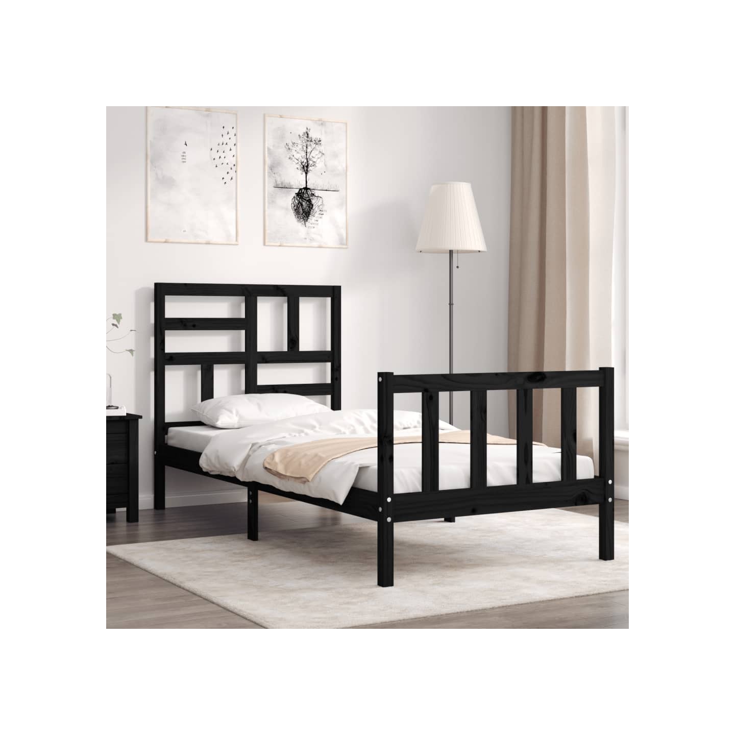 Cadre de lit sans matelas noir bois de pin massif