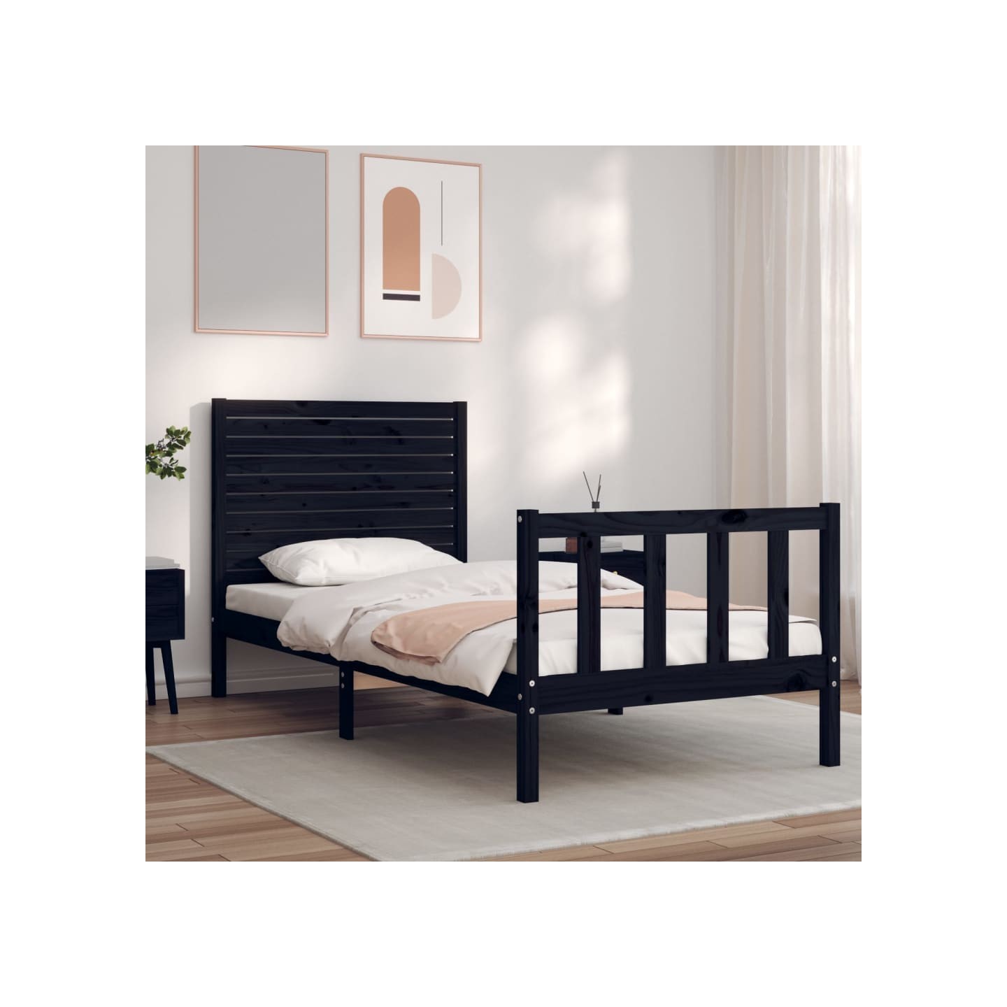 Cadre de lit sans matelas noir bois de pin massif