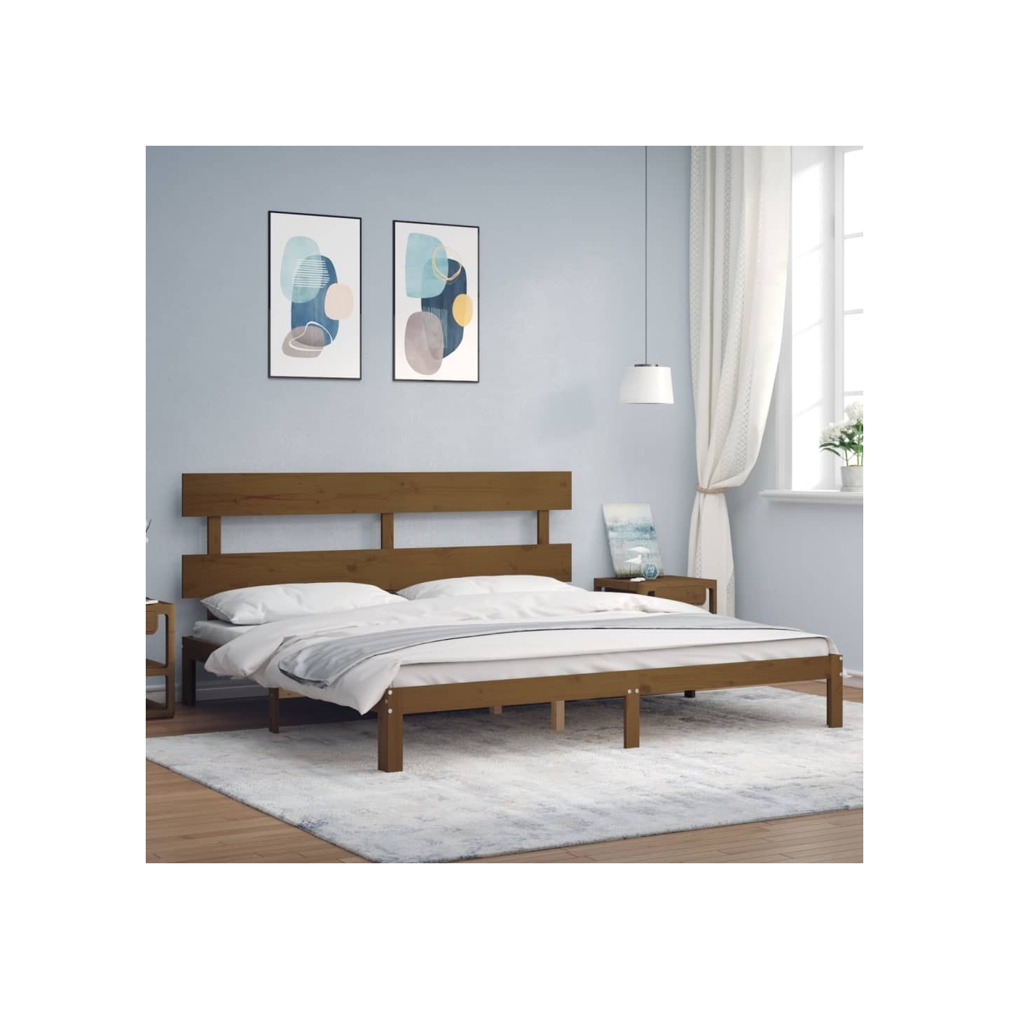 Cadre de lit sans matelas marron miel 200x200cm bois pin massif