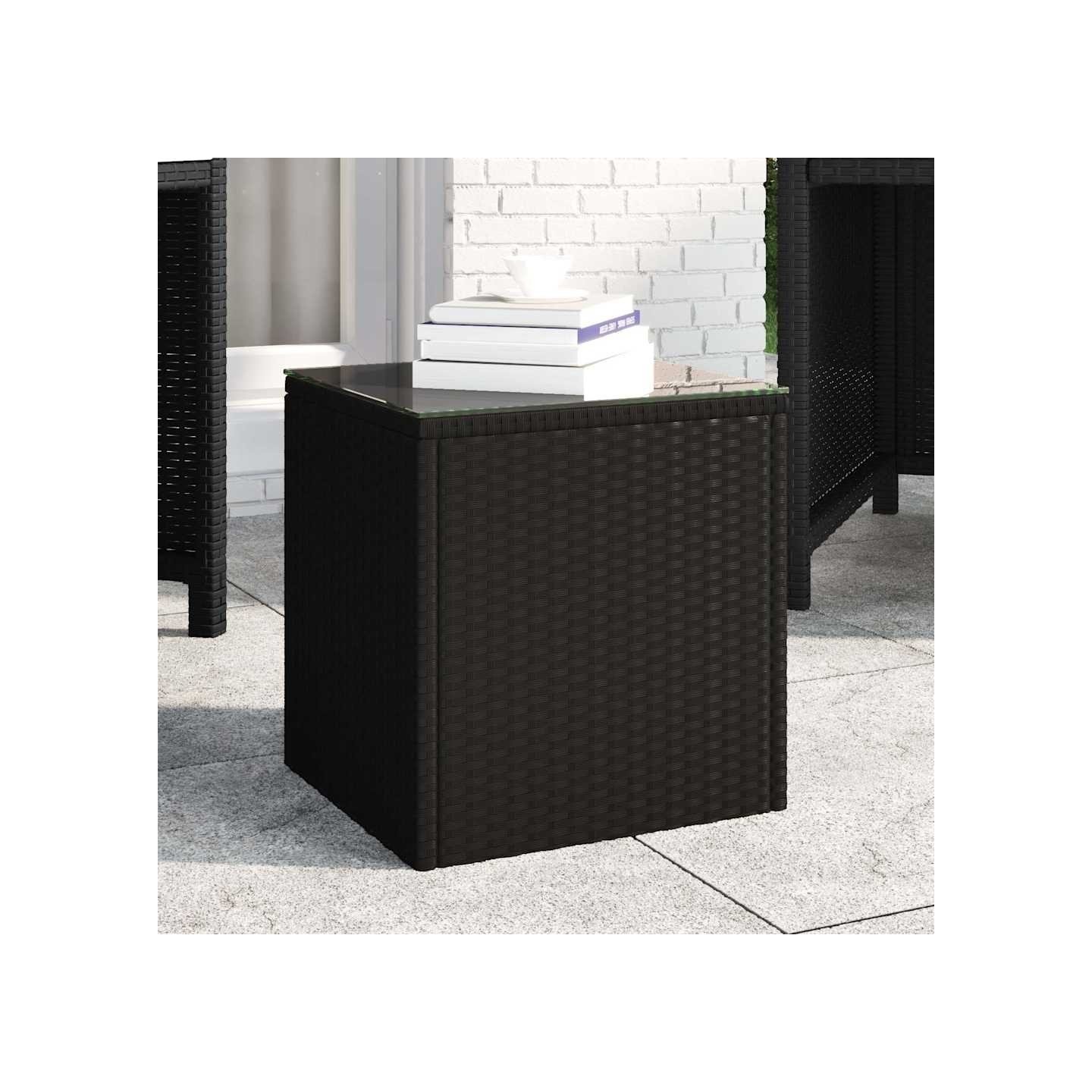 Table d'appoint noir 40x37x40,5 cm poly rotin et verre trempé