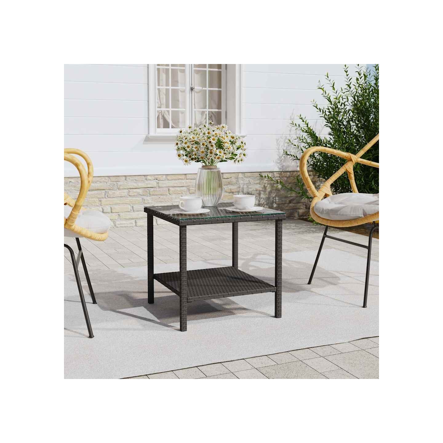 Table d'appoint noir 45x45x45 cm poly rotin et verre trempé