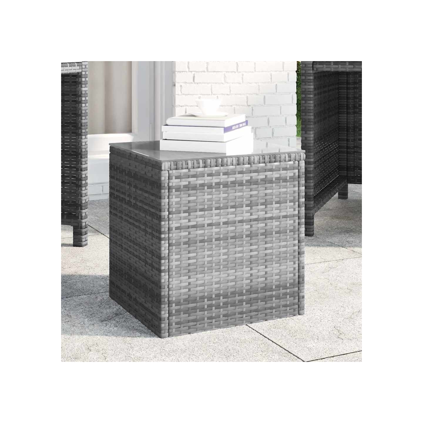 Table d'appoint gris 40x37x40,5 cm poly rotin et verre trempé
