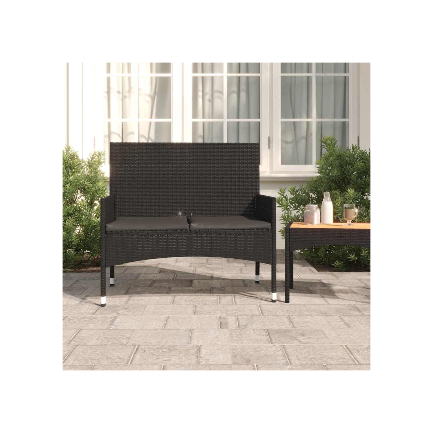 Banc de Jardin à 2 Places avec Coussins Noir Résine Tressée