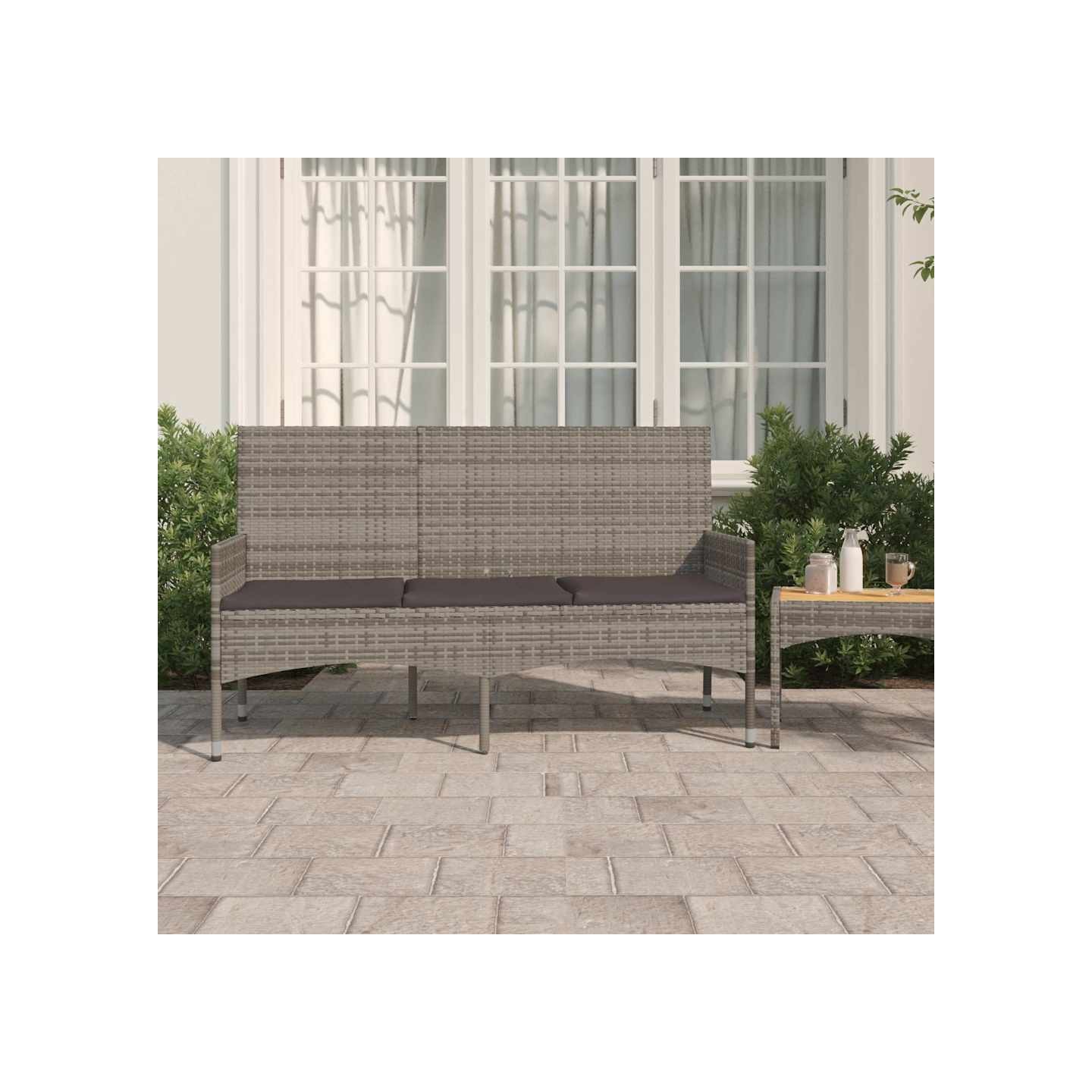 Banc de jardin à 3 places avec coussins Gris Résine tressée